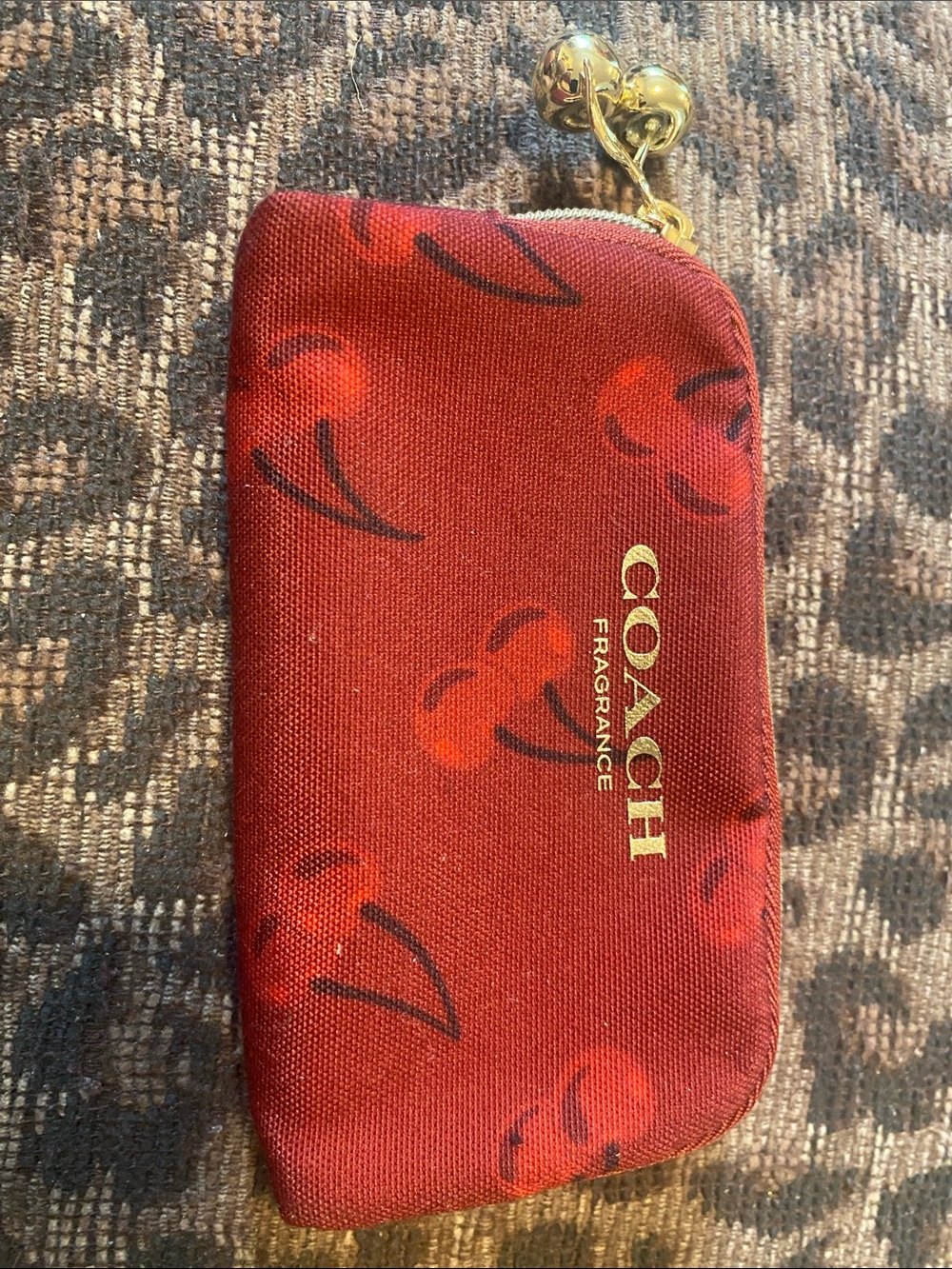 Coach Red Floral Key & Card Pouch with Gold Zip Charm